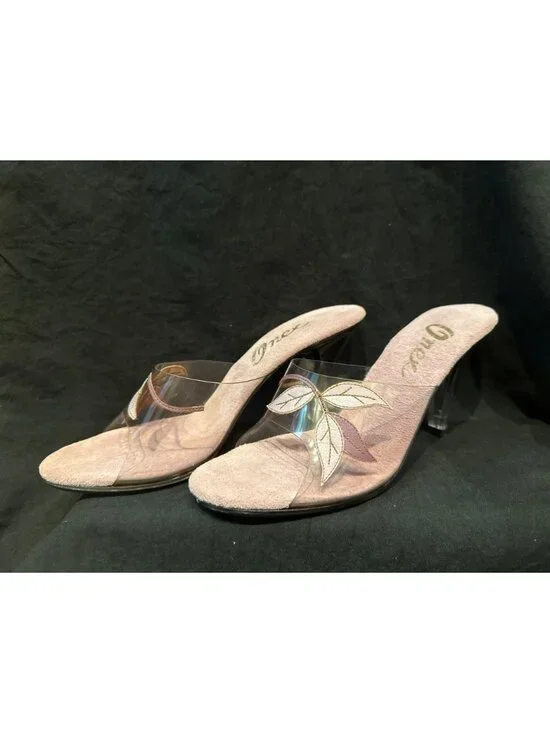 Sz 6 Womens Dusty Rose Suede & Clear Vinyl Open-Toe Heels With Embroidered Leaf - Picture 5 of 7